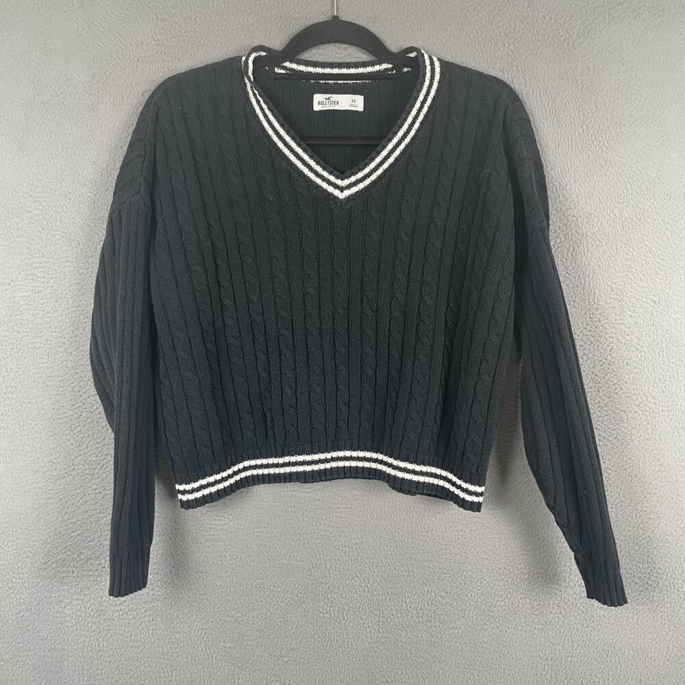 Hollister Sweater Pullover Womens XS Black V-Neck Cable-Knit Cotton Acrylic